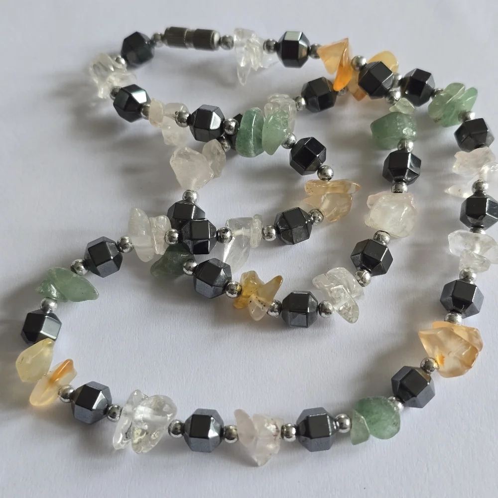 Handmade gemstone necklace beaded yellow green grey gray silver tone clear